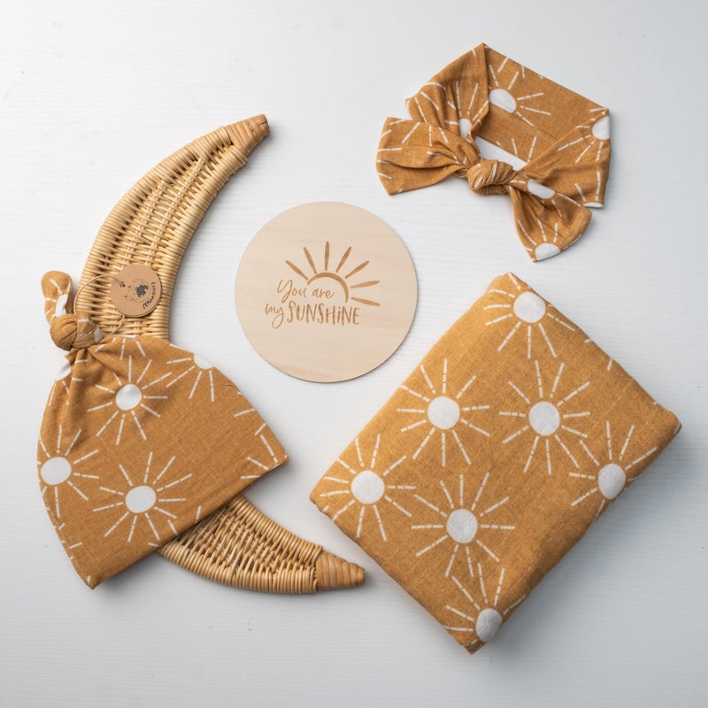 Miaoberry 100% Organic Sunshine Baby Muslin Swaddle Blankets for Boy or Girl with Hat and Wooden Hello World Newborn Sign, Gender Neutral Newborn Photography Outfits, Unisex Birth Announcement Sign - Image 1